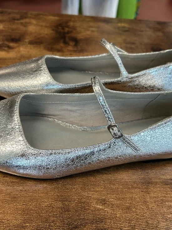 Open Edit Metallic Silver Mary Jane Flats with Cushioned Insole - Picture 3 of 6